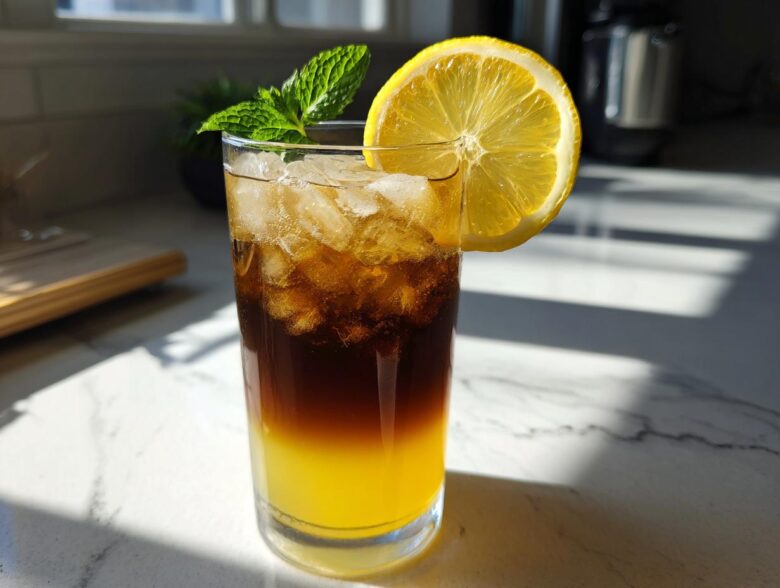 A tall glass featuring layered Cold Brew Lemonade with bright yellow lemonade on the bottom and dark cold brew coffee floating above ice.