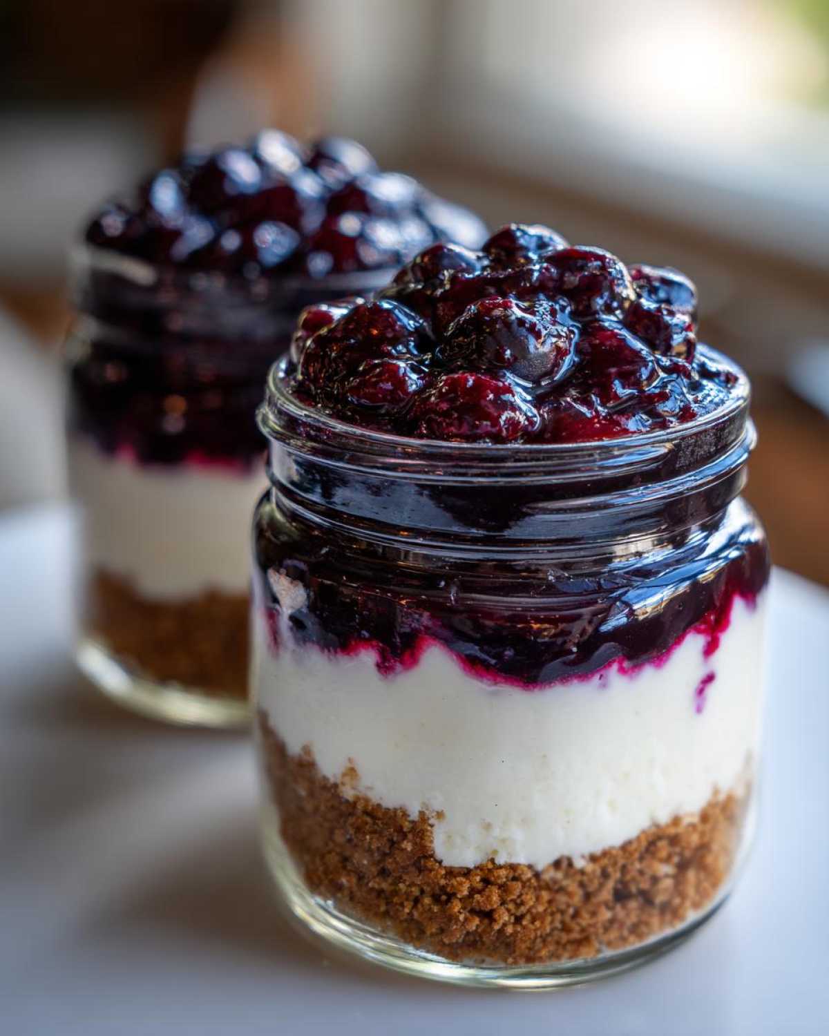 Two individual Lemon Blueberry Cheesecake Jars showing graham cracker crust, creamy filling, and rich blueberry topping.