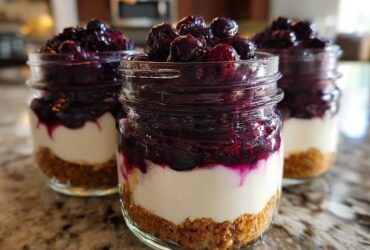 Three individual Lemon Blueberry Cheesecake Jars layered with graham cracker crust, creamy filling, and blueberry topping.
