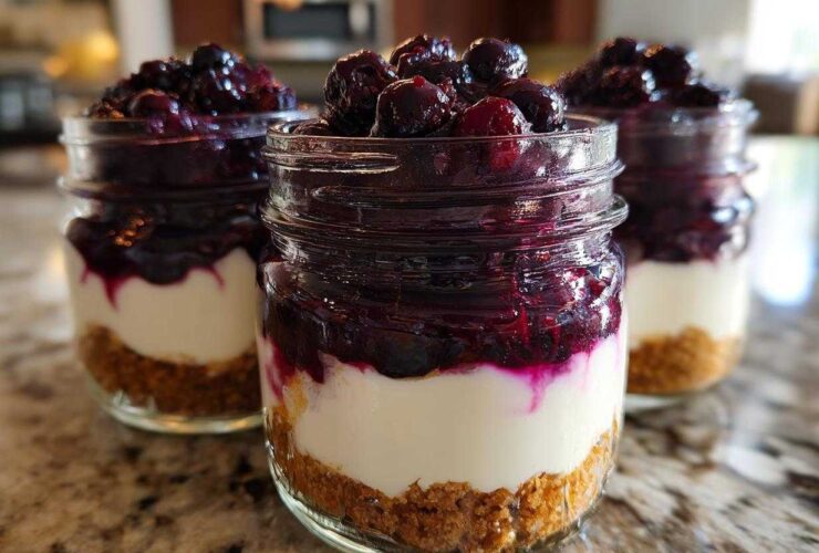 Three individual Lemon Blueberry Cheesecake Jars layered with graham cracker crust, creamy filling, and blueberry topping.