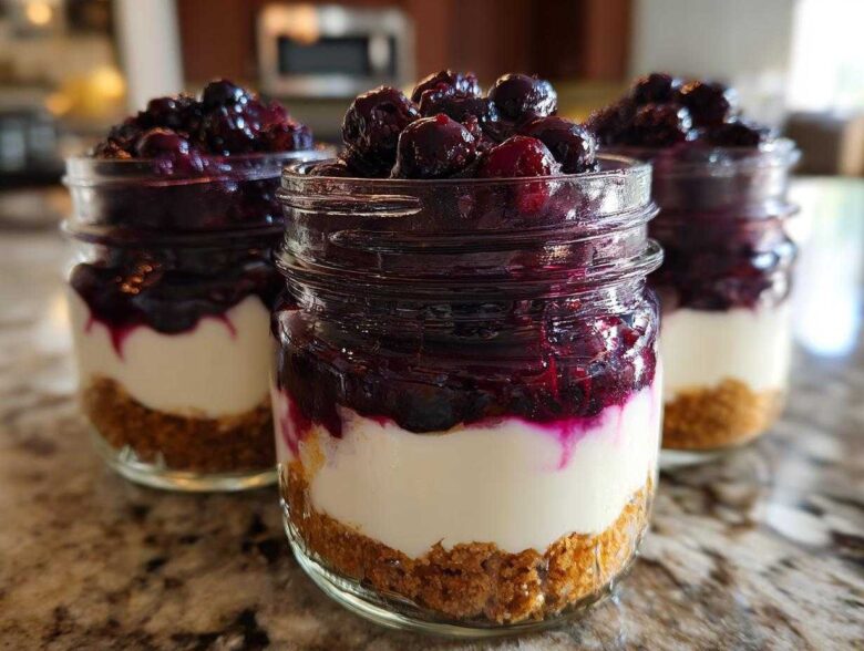 Three individual Lemon Blueberry Cheesecake Jars layered with graham cracker crust, creamy filling, and blueberry topping.