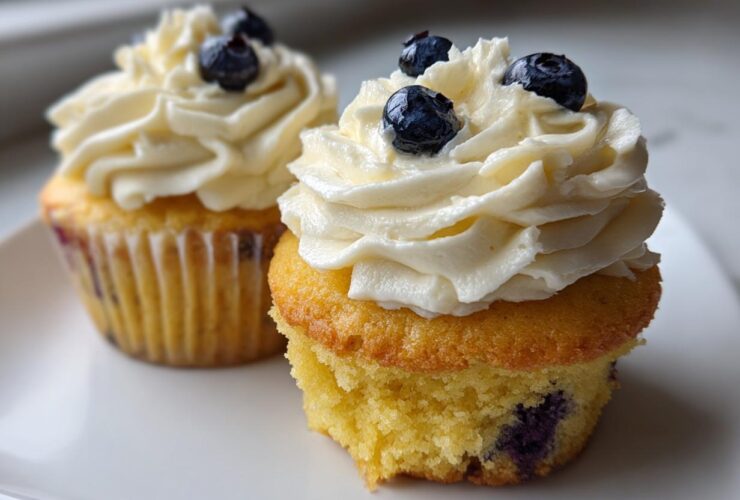 Two Lemon Blueberry Cupcakes with thick swirls of cream cheese frosting and fresh blueberries on top.