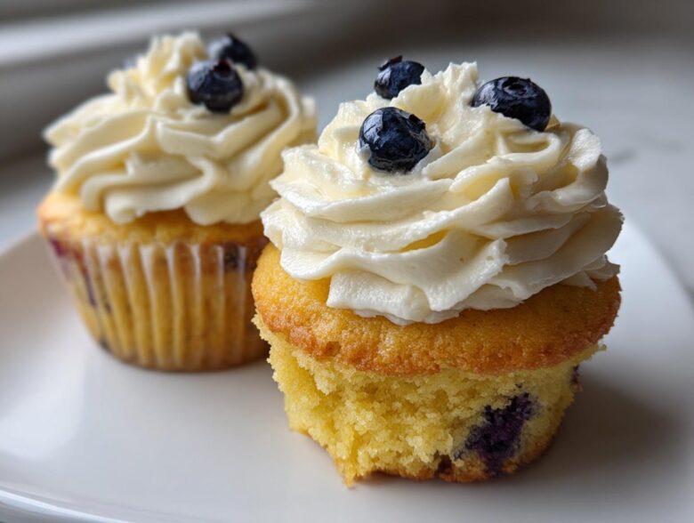 Two Lemon Blueberry Cupcakes with thick swirls of cream cheese frosting and fresh blueberries on top.