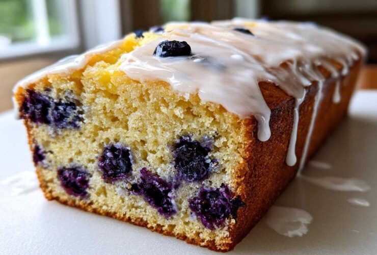 A close-up view of a freshly baked Lemon Blueberry Yogurt Loaf showing moist crumb and dripping lemon glaze.