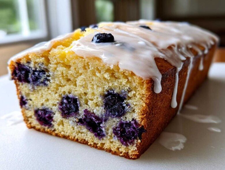 A close-up view of a freshly baked Lemon Blueberry Yogurt Loaf showing moist crumb and dripping lemon glaze.