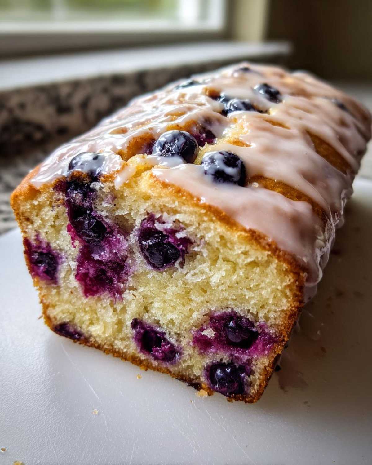 Close-up of a moist Lemon Blueberry Yogurt Loaf with visible blueberries and a sweet lemon glaze.