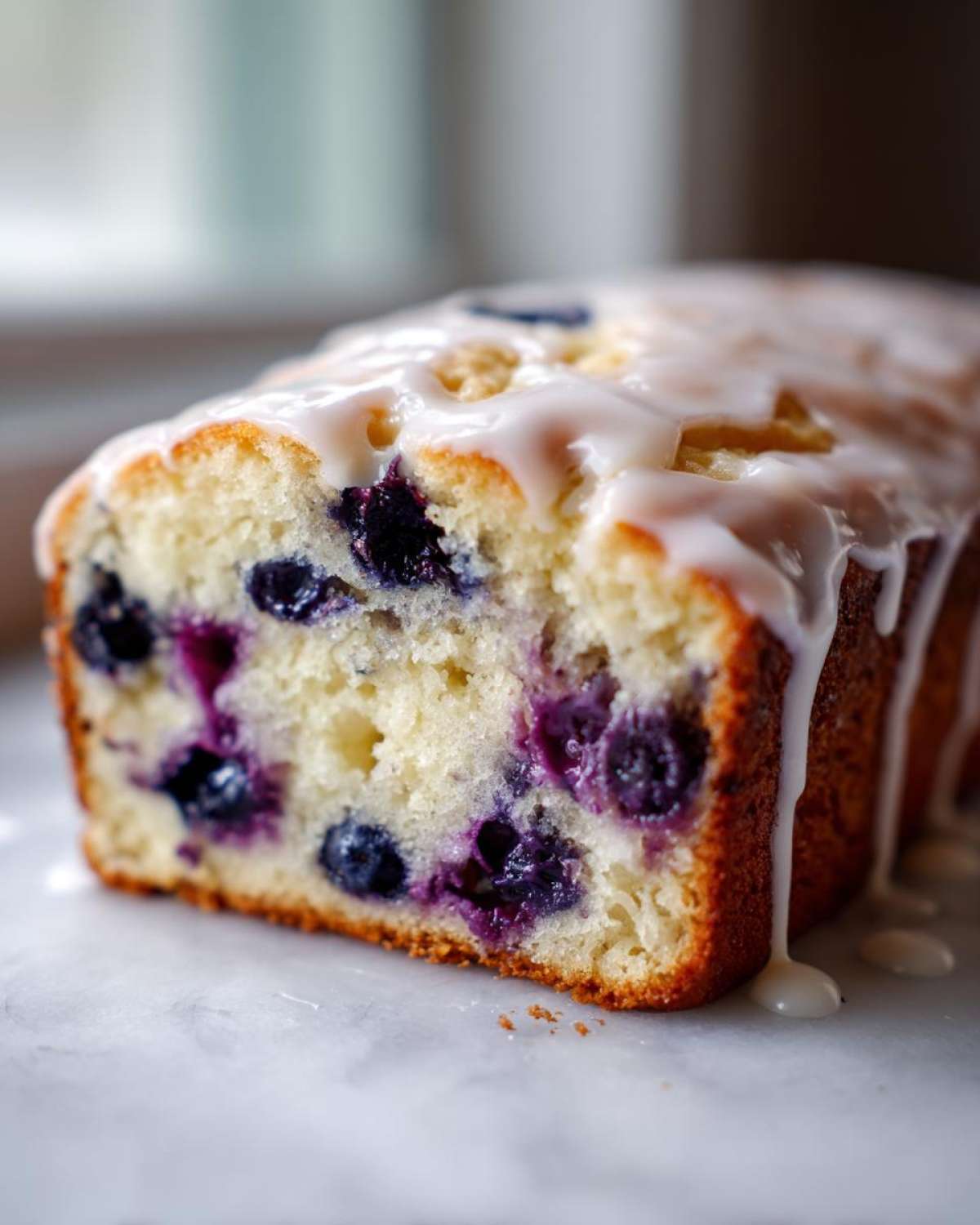 A close-up, cross-section view of a moist Lemon Blueberry Yogurt Loaf topped with a thick white glaze.
