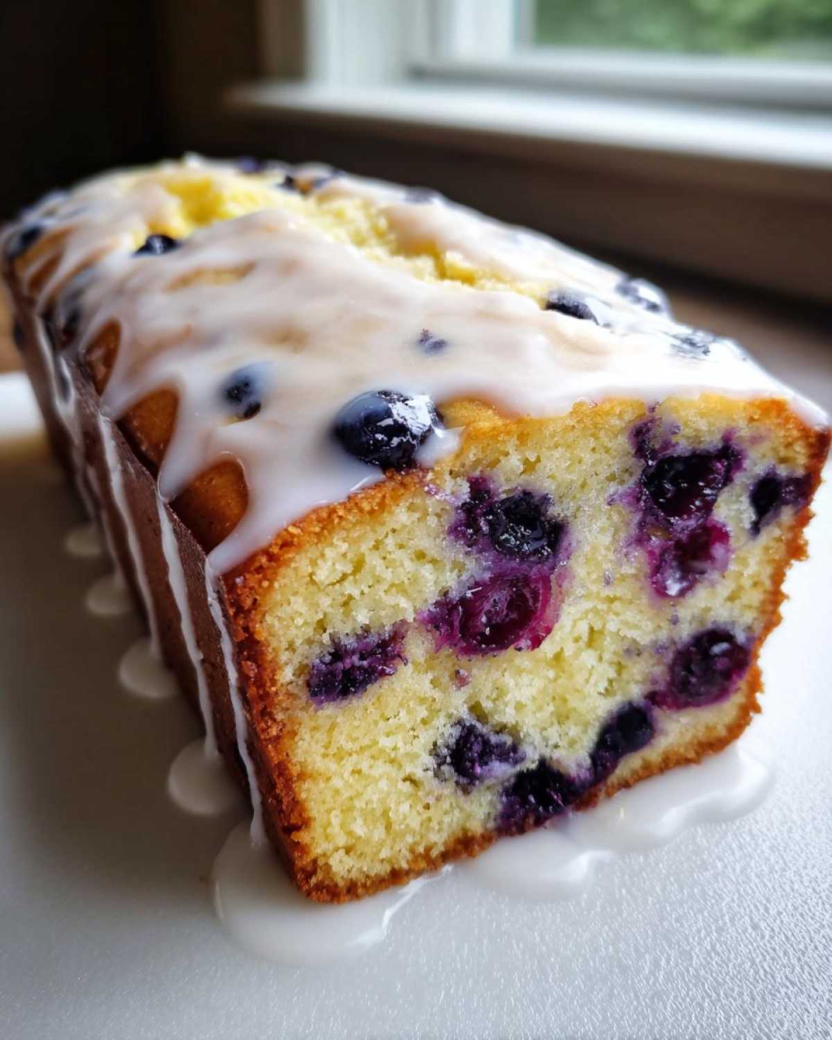 A close-up cross-section of a moist Lemon Blueberry Yogurt Loaf topped with a thick white glaze.