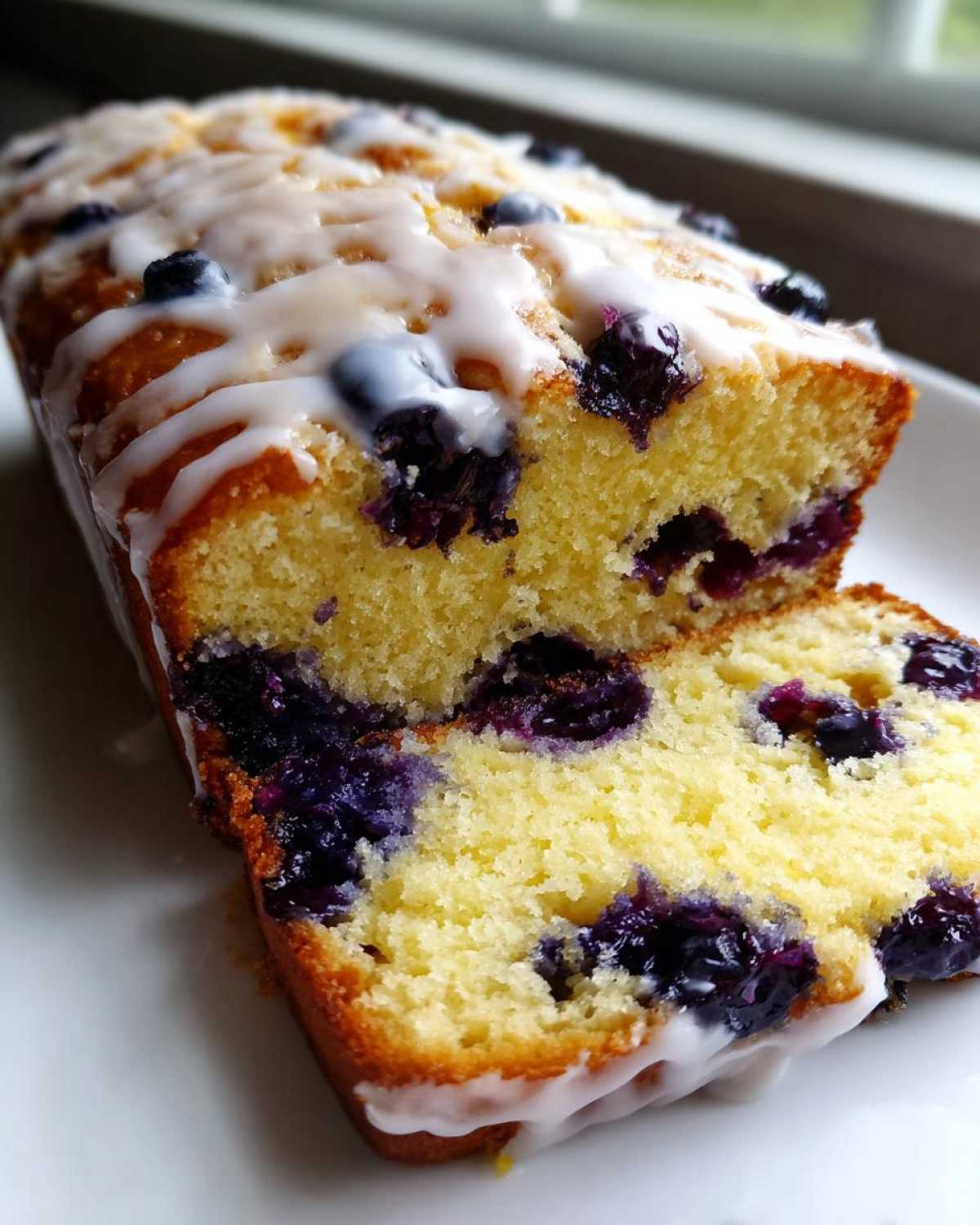 Close-up of a sliced Lemon Blueberry Yogurt Loaf showing moist crumb and fresh blueberries, topped with white glaze.