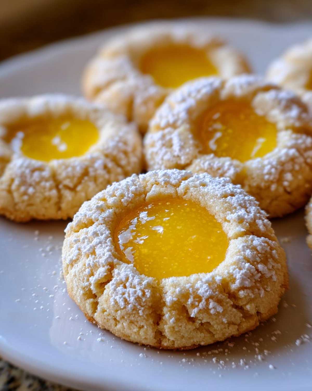 Close-up of freshly baked Lemon Curd Thumbprint Cookies dusted with powdered sugar on a white plate.
