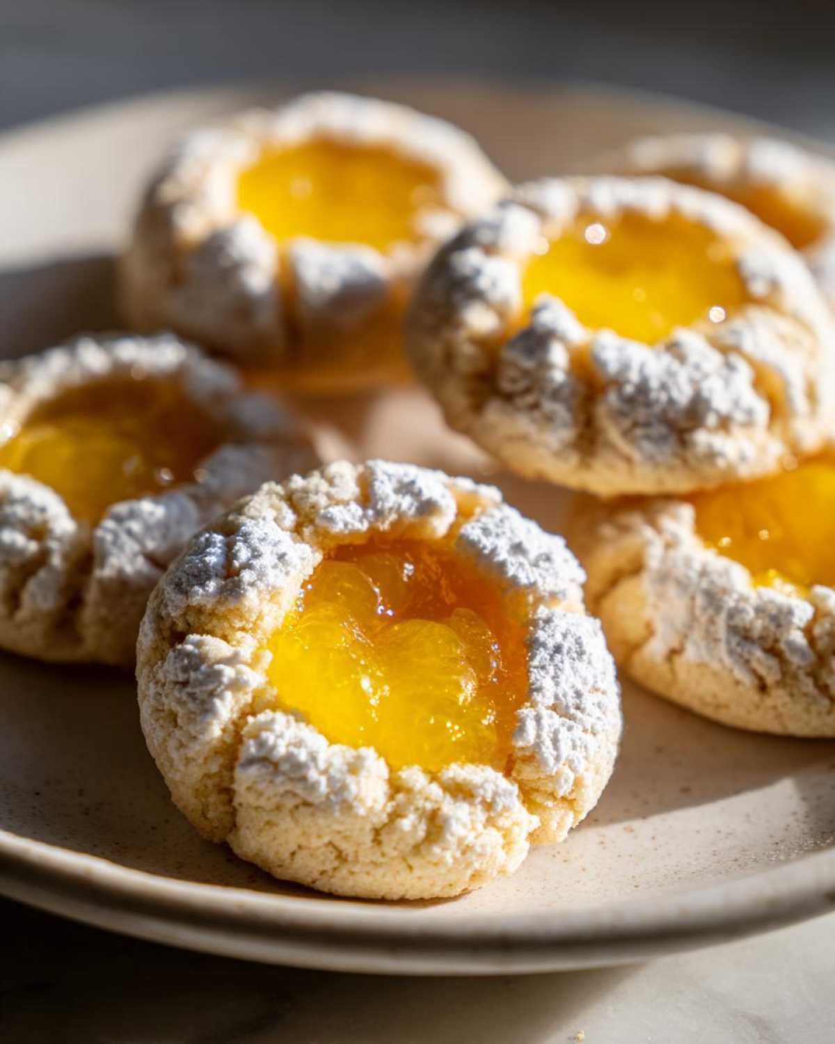 Close-up of several bright Lemon Curd Thumbprint Cookies dusted with powdered sugar on a light plate.