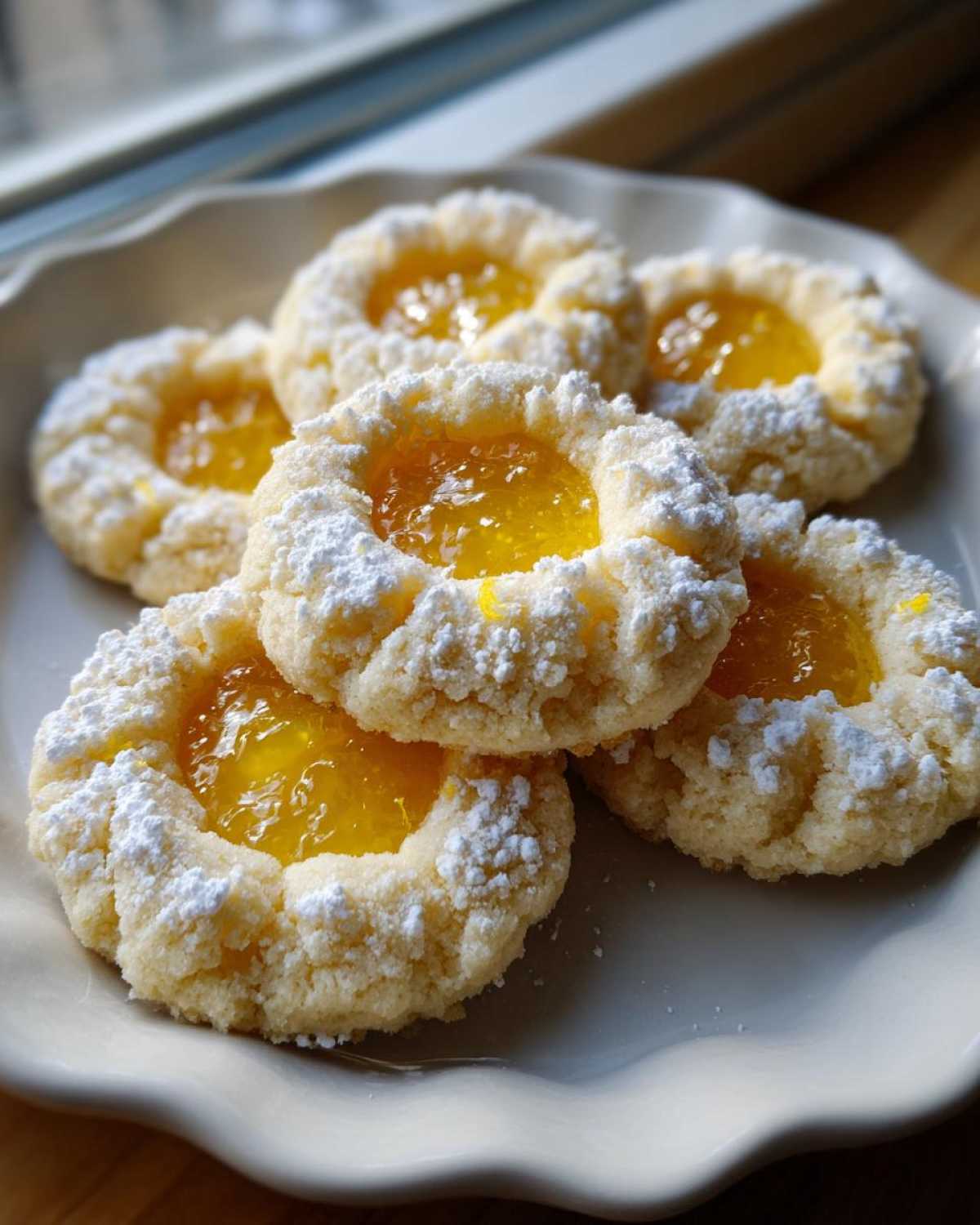A plate of freshly baked Lemon Curd Thumbprint Cookies dusted generously with powdered sugar.