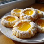 A plate of bright yellow Lemon Curd Thumbprint Cookies dusted generously with white powdered sugar.