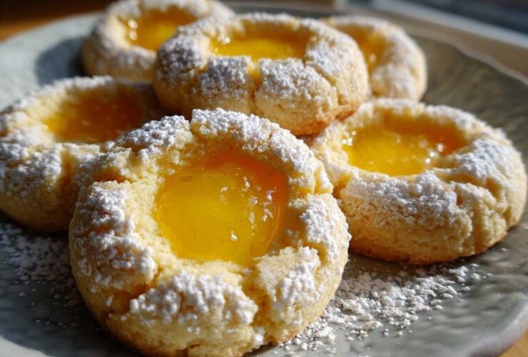 A plate of freshly baked Lemon Curd Thumbprint Cookies dusted generously with powdered sugar.