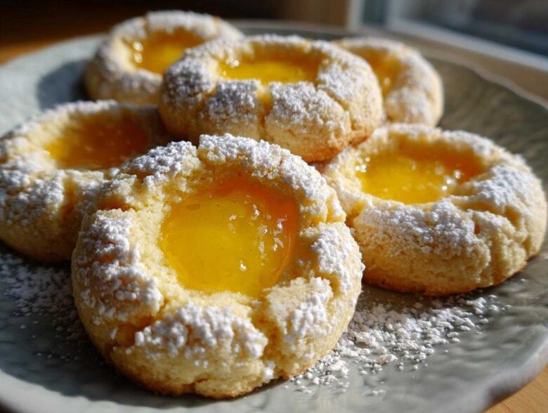 A plate of freshly baked Lemon Curd Thumbprint Cookies dusted generously with powdered sugar.