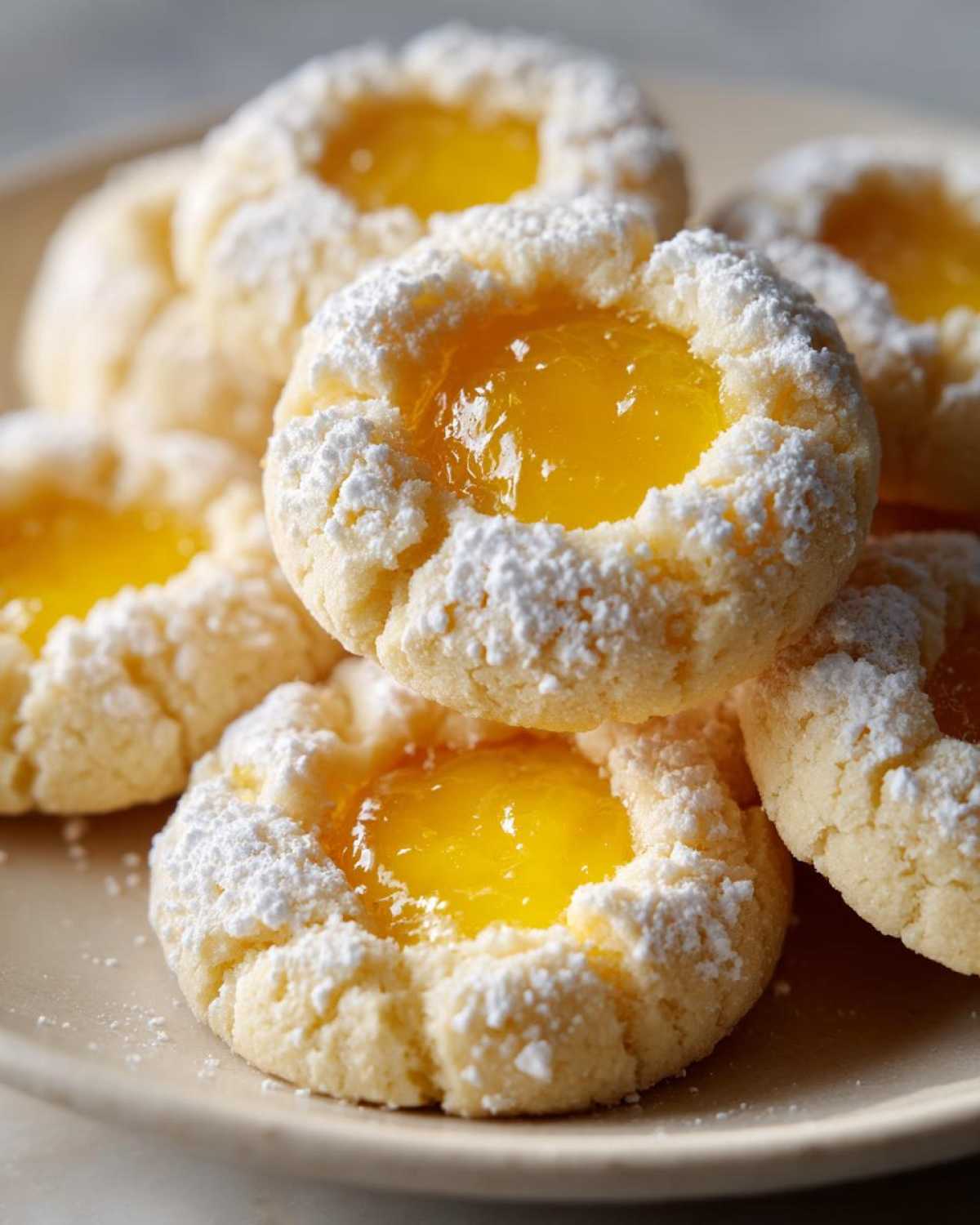 A close-up stack of soft Lemon Curd Thumbprint Cookies dusted heavily with white powdered sugar.