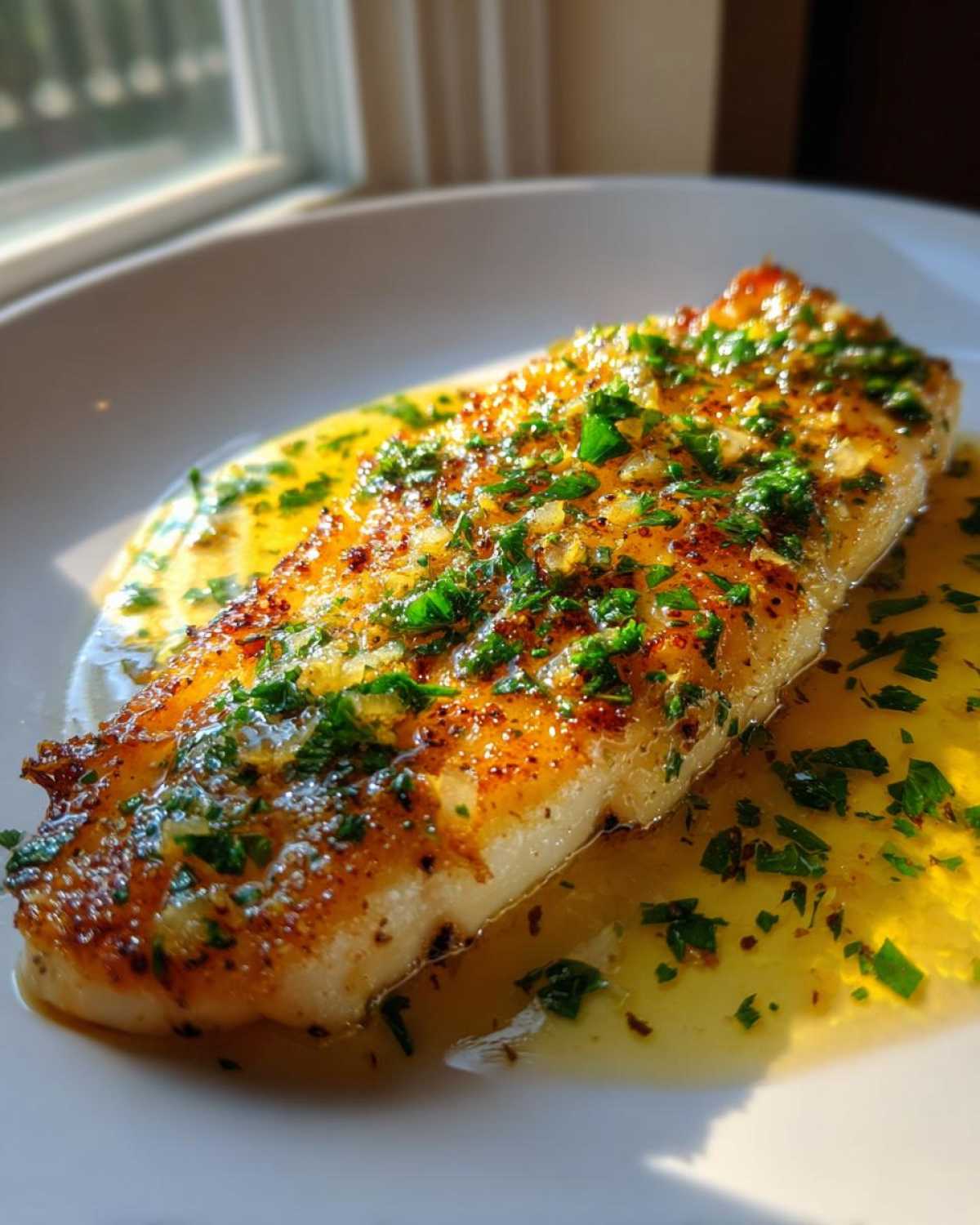Close-up of a perfectly seared Lemon Garlic Butter Tilapia fillet covered in herbs.