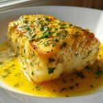 A perfectly cooked fillet of Lemon Garlic Butter Tilapia swimming in rich, bright yellow butter sauce and topped with fresh parsley.
