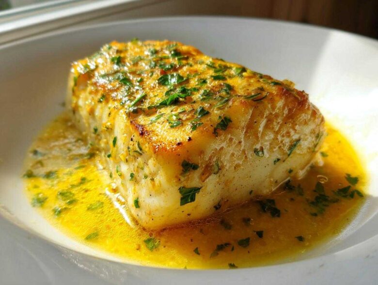 A perfectly cooked fillet of Lemon Garlic Butter Tilapia swimming in rich, bright yellow butter sauce and topped with fresh parsley.