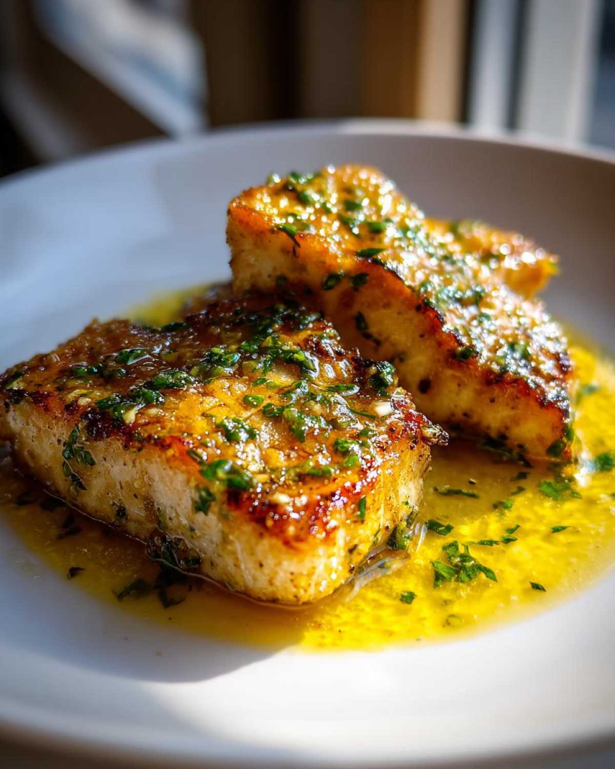 Two golden-brown fillets of Lemon Garlic Butter Tilapia swimming in rich, buttery sauce topped with fresh parsley.