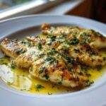Close-up of three pan-seared Lemon Garlic Butter Tilapia fillets covered in bright yellow butter sauce and fresh parsley.