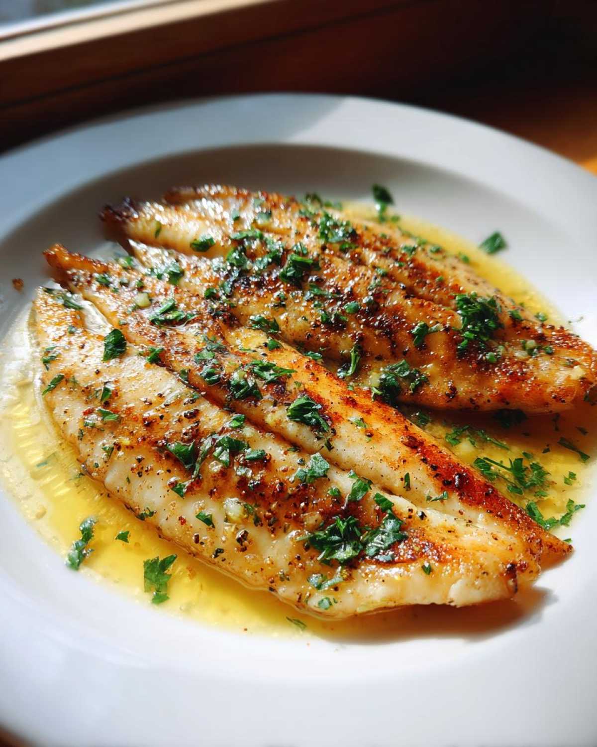Two golden-brown Lemon Garlic Butter Tilapia fillets served in a pool of buttery sauce and topped with fresh parsley.