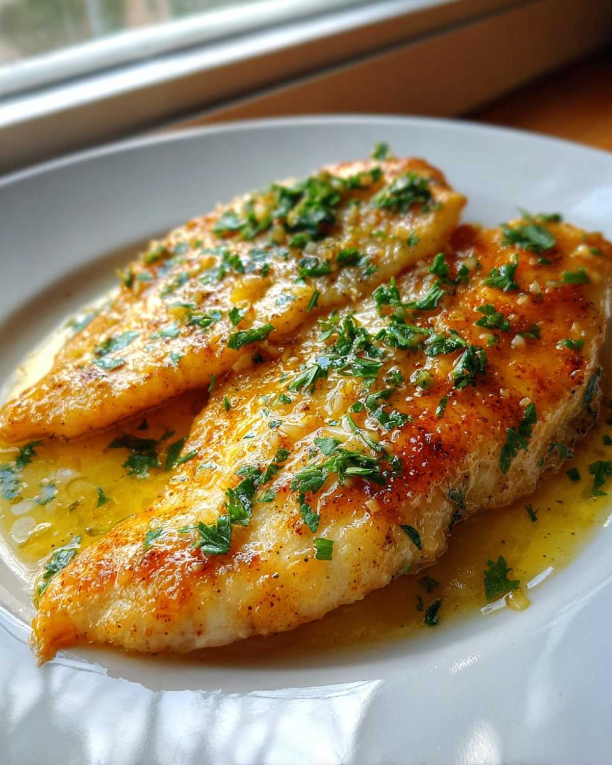 Two pan-seared fillets of Lemon Garlic Butter Tilapia covered in rich sauce and fresh chopped parsley.