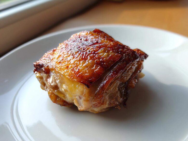 Close-up of a perfectly cooked piece of Lemon Garlic Roasted Chicken Thighs with glossy, crispy skin.