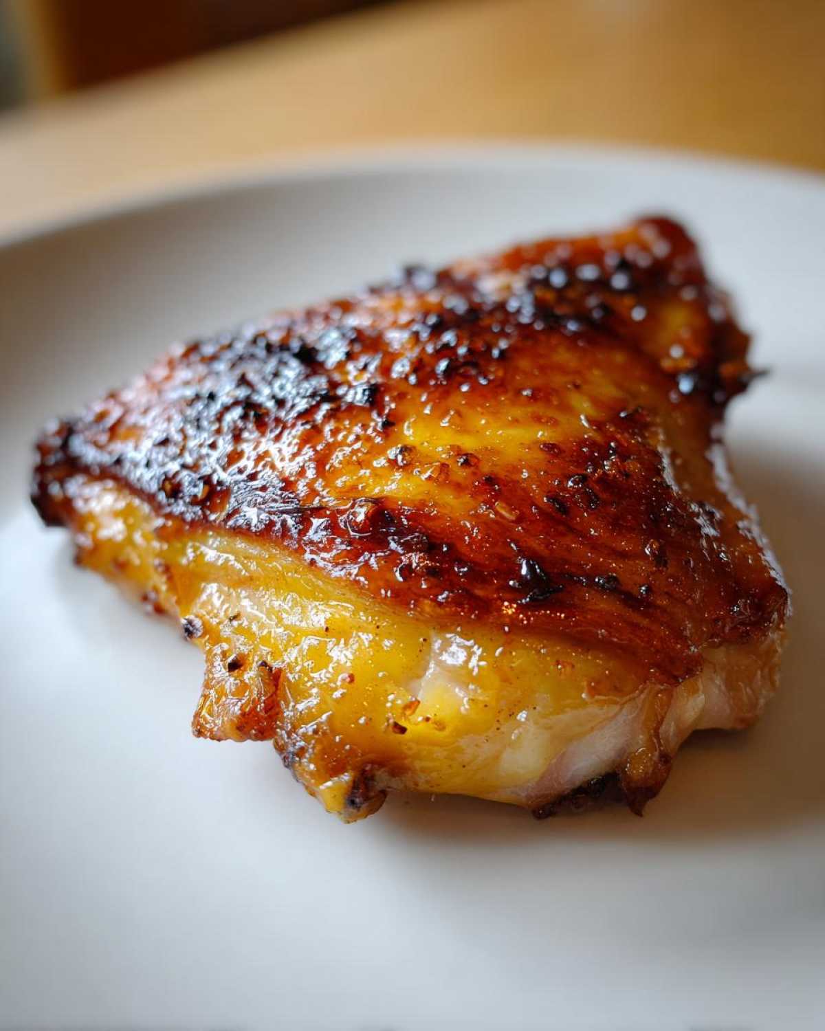 Close-up of a perfectly cooked, glistening Lemon Garlic Roasted Chicken Thighs with caramelized, crispy skin.