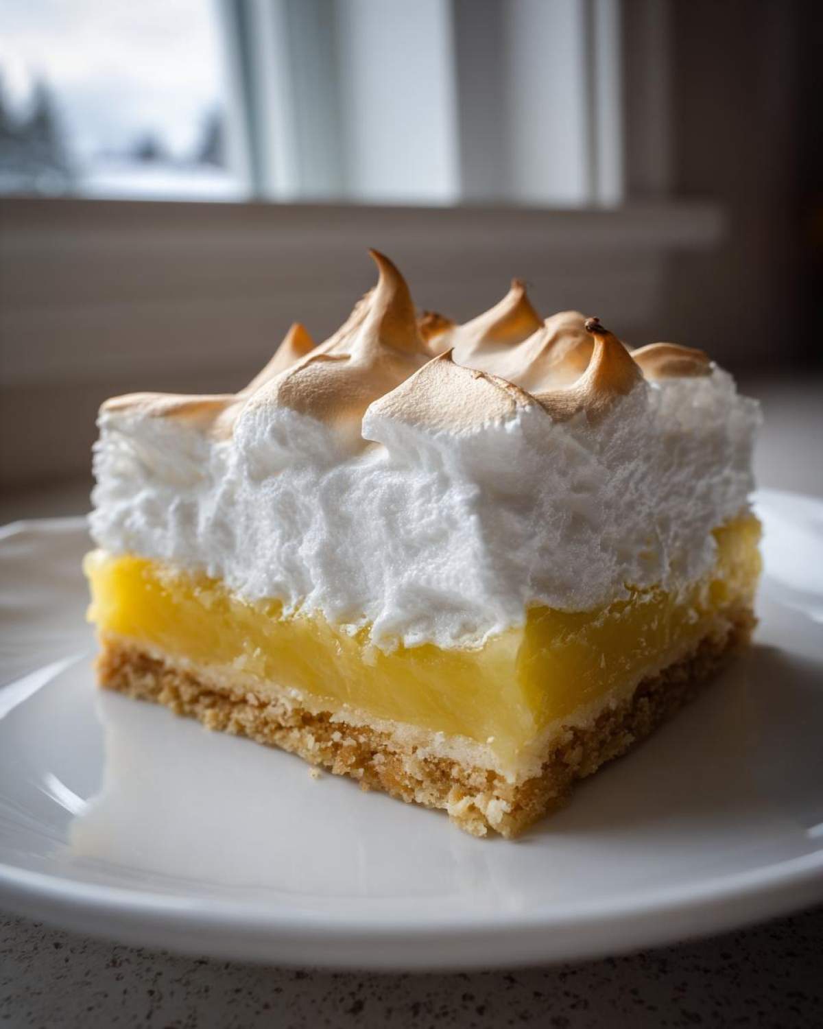 A single serving of Lemon Meringue Pie Bars with a thick, toasted meringue topping on a white plate.