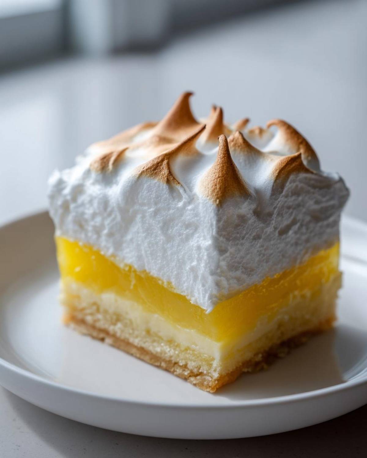 A perfect square slice of Lemon Meringue Pie Bars featuring a crust, bright yellow lemon filling, and toasted meringue topping.