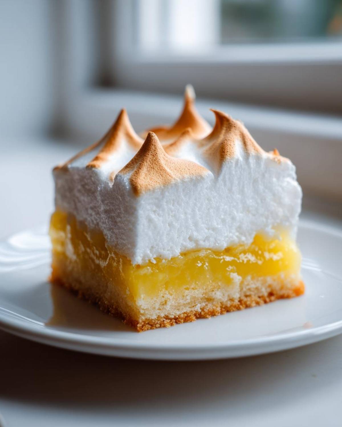 A single serving of Lemon Meringue Pie Bars featuring a thick layer of toasted meringue over bright lemon filling and crust.