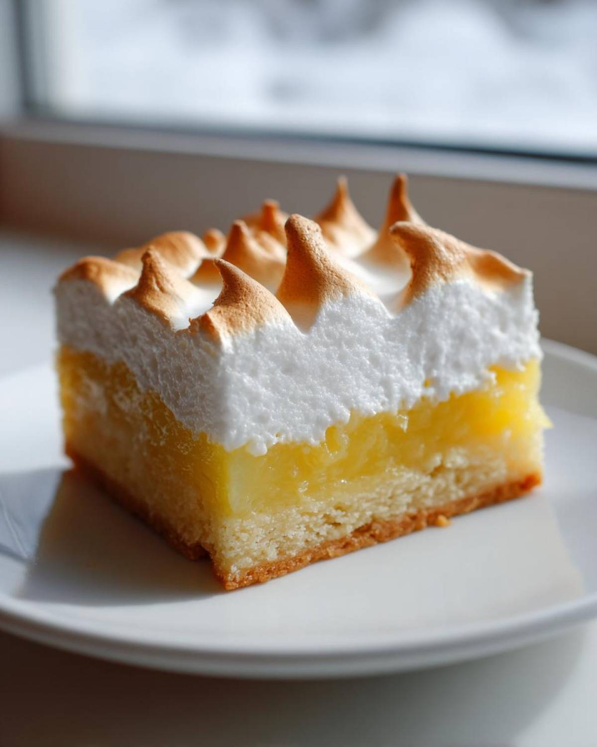 A single serving square of Lemon Meringue Pie Bars with a thick, toasted meringue topping.
