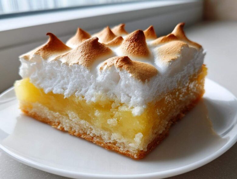 A close-up of a single serving of Lemon Meringue Pie Bars with a thick, toasted meringue topping.