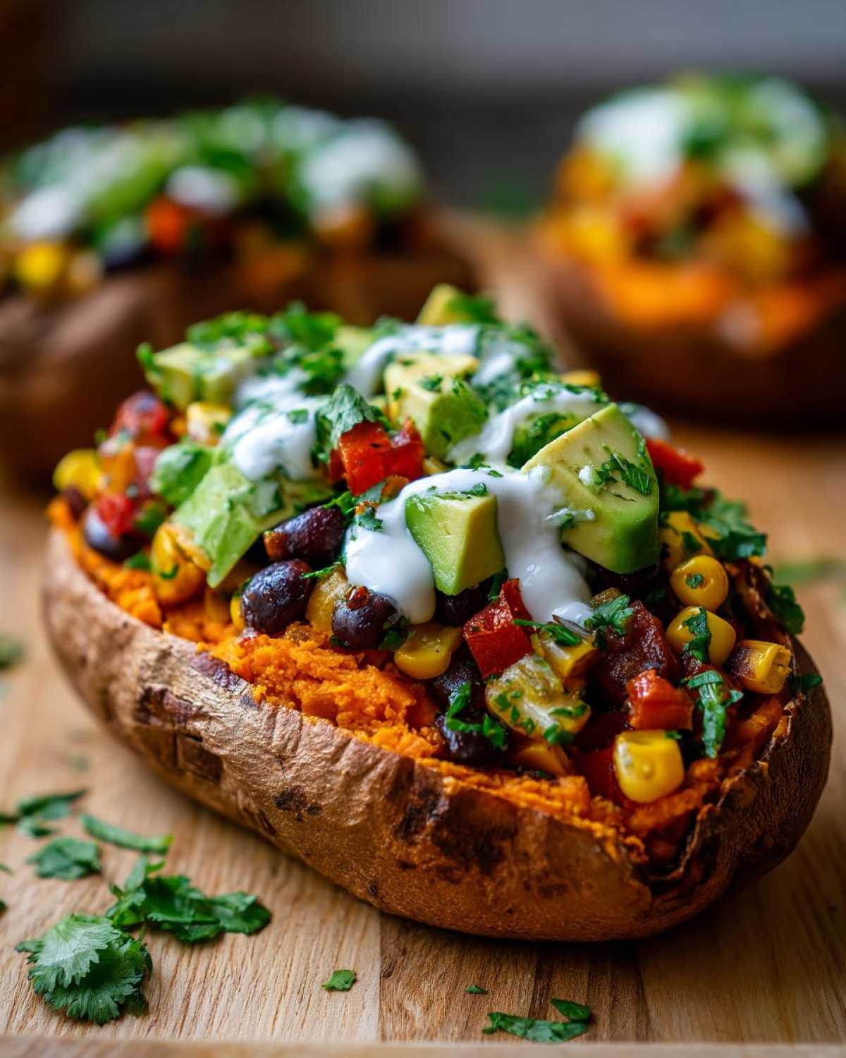 Close-up of a Loaded Veggie Stuffed Sweet Potato topped with black beans, corn, avocado, and a white sauce.
