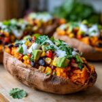 A close-up of one of the Loaded Veggie Stuffed Sweet Potatoes topped with black beans, corn, avocado, and sour cream.
