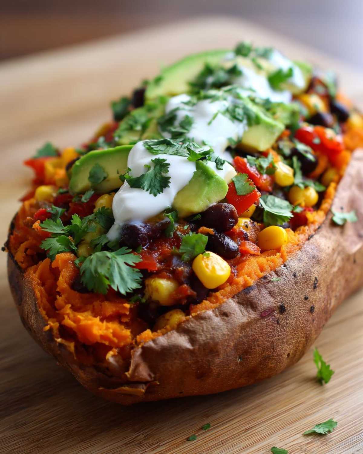 A close-up of one of the Loaded Veggie Stuffed Sweet Potatoes, topped with black beans, corn, avocado slices, and sour cream.