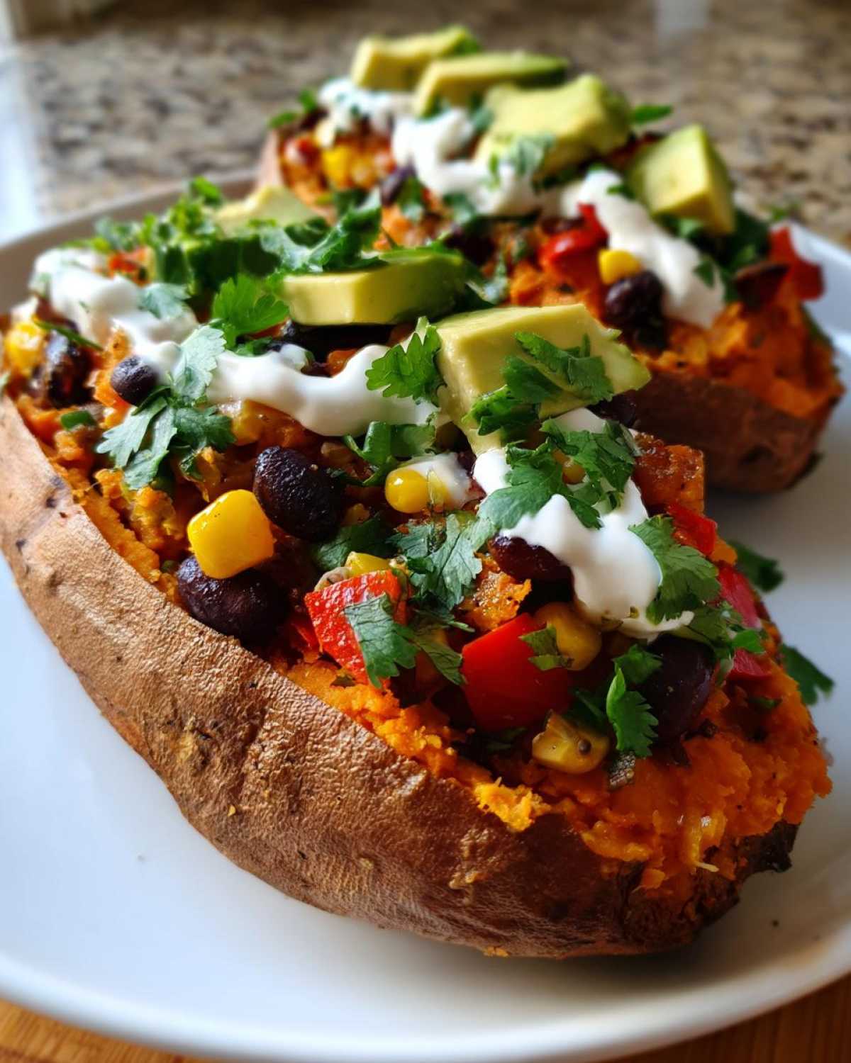 Two Loaded Veggie Stuffed Sweet Potatoes topped with black beans, corn, red pepper, sour cream, avocado, and cilantro.