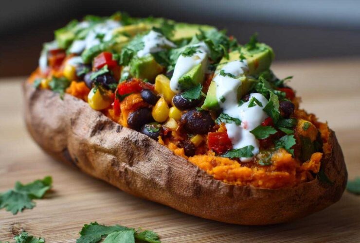 A close-up of a Loaded Veggie Stuffed Sweet Potato filled with black beans, corn, peppers, and topped with avocado slices and sour cream.