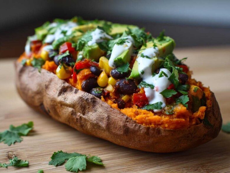 A close-up of a Loaded Veggie Stuffed Sweet Potato filled with black beans, corn, peppers, and topped with avocado slices and sour cream.