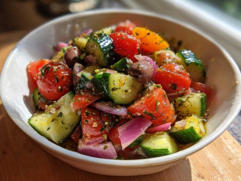 Close-up of a fresh Mediterranean Cucumber Tomato Salad with red onion, olives, and herbs in a white bowl.