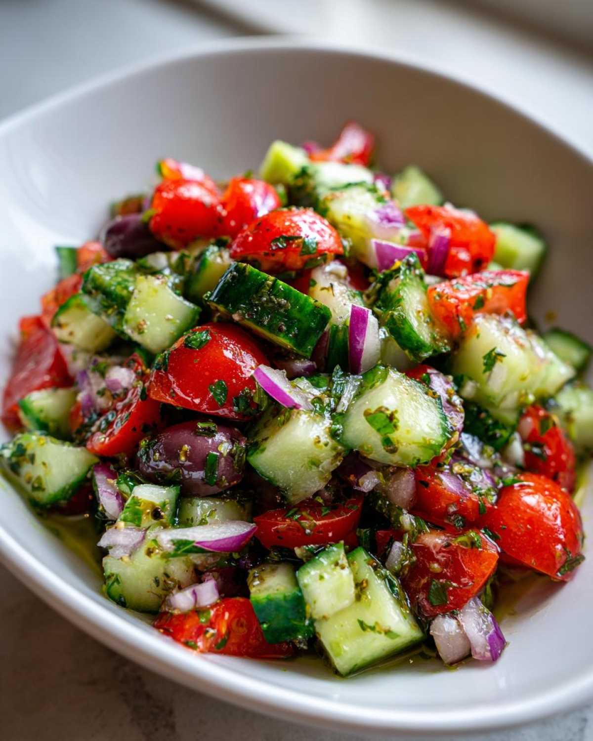 Close-up of a vibrant Mediterranean Cucumber Tomato Salad with cucumbers, tomatoes, red onion, and olives.