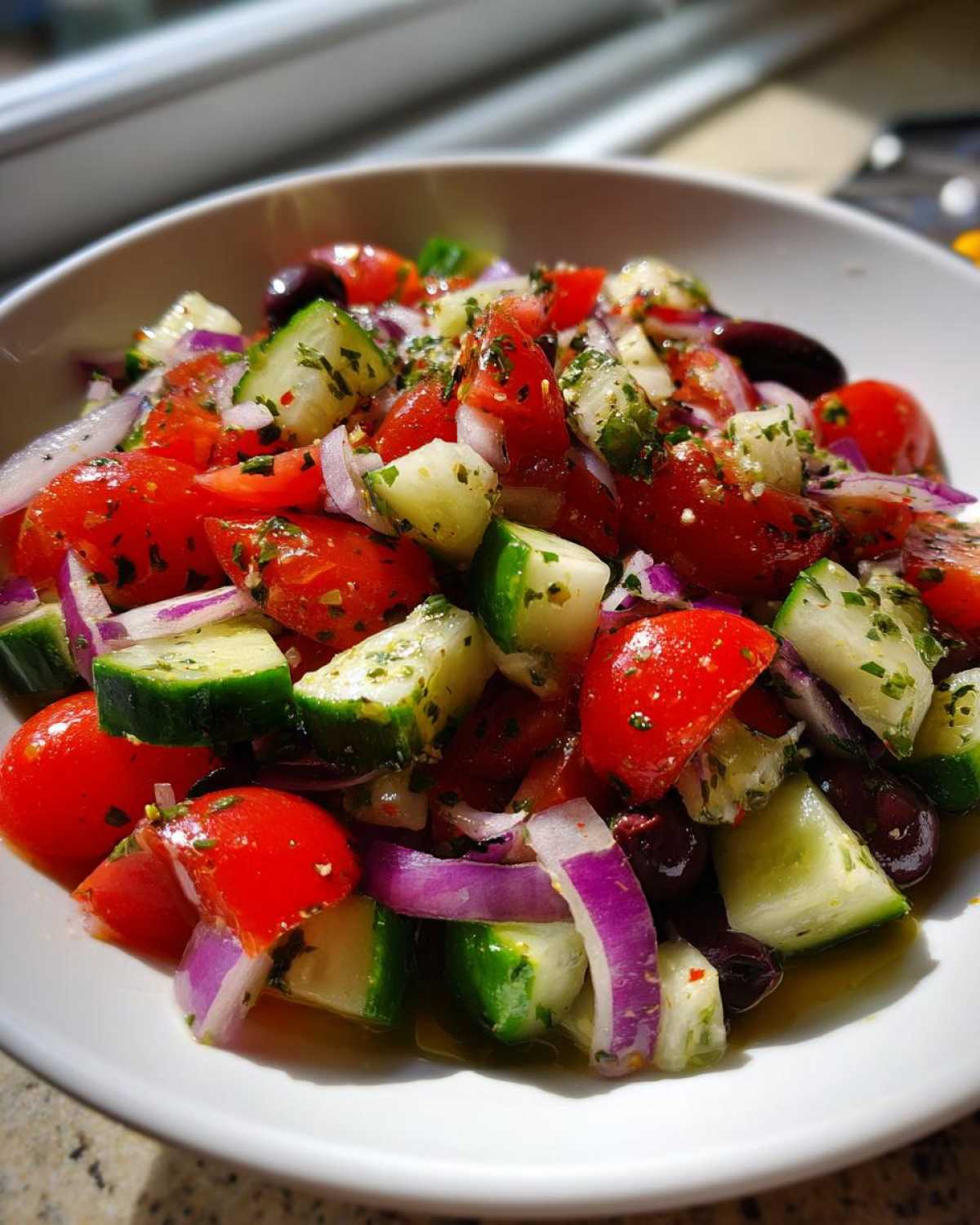 Close-up of a vibrant Mediterranean Cucumber Tomato Salad featuring chopped tomatoes, cucumbers, red onion, and olives.