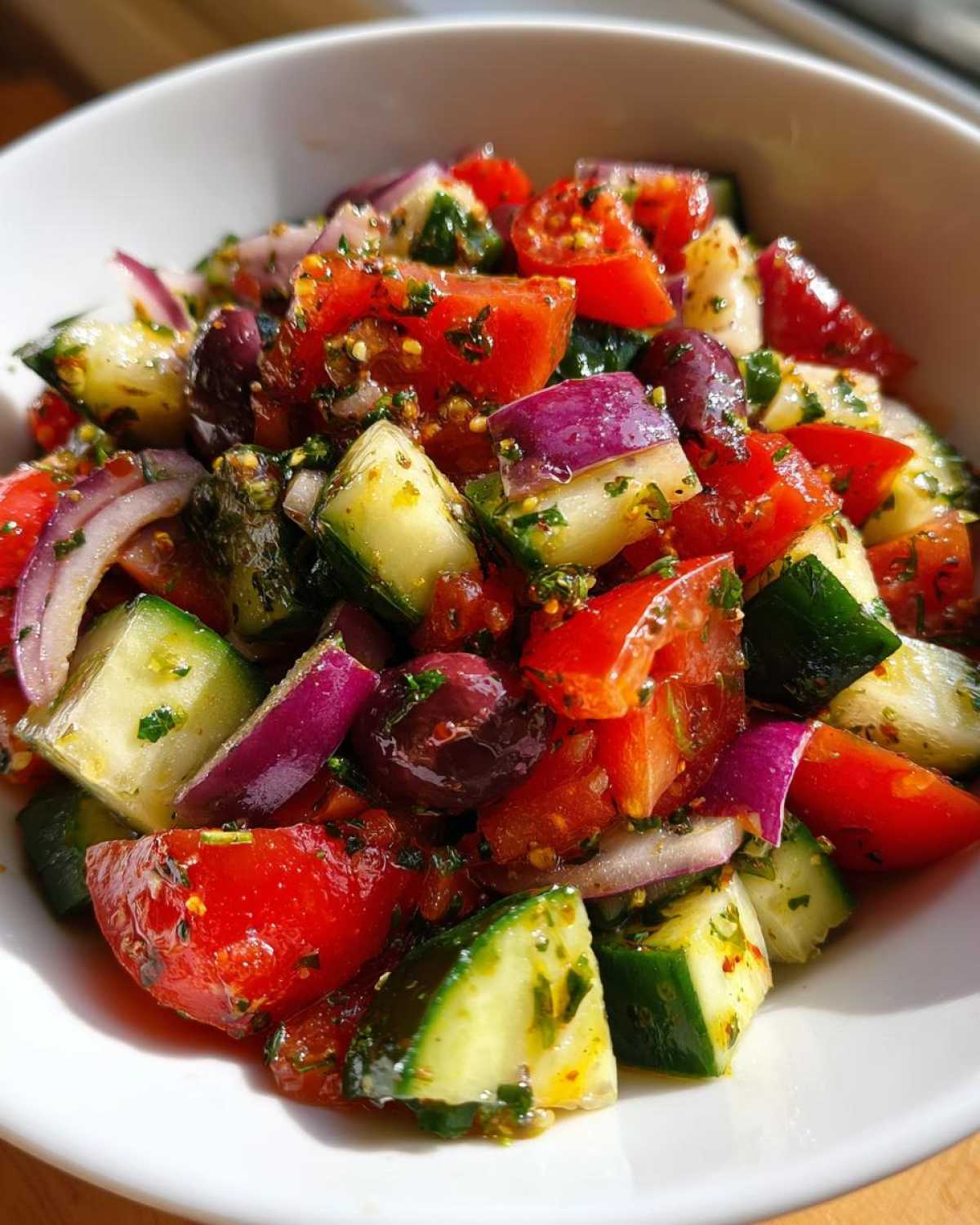 Close-up of fresh Mediterranean Cucumber Tomato Salad with chunks of cucumber, tomato, red onion, and olives.