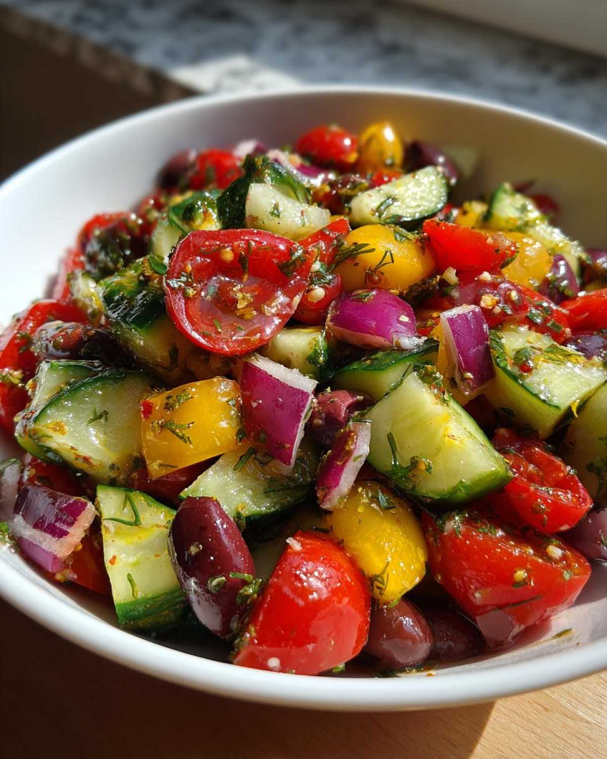 Close-up of a vibrant Mediterranean Cucumber Tomato Salad with cucumbers, colorful tomatoes, red onion, and olives.