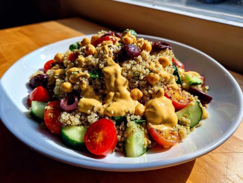 A vibrant Mediterranean Quinoa Bowl topped generously with creamy Lemon Tahini Sauce, chickpeas, tomatoes, and cucumbers.