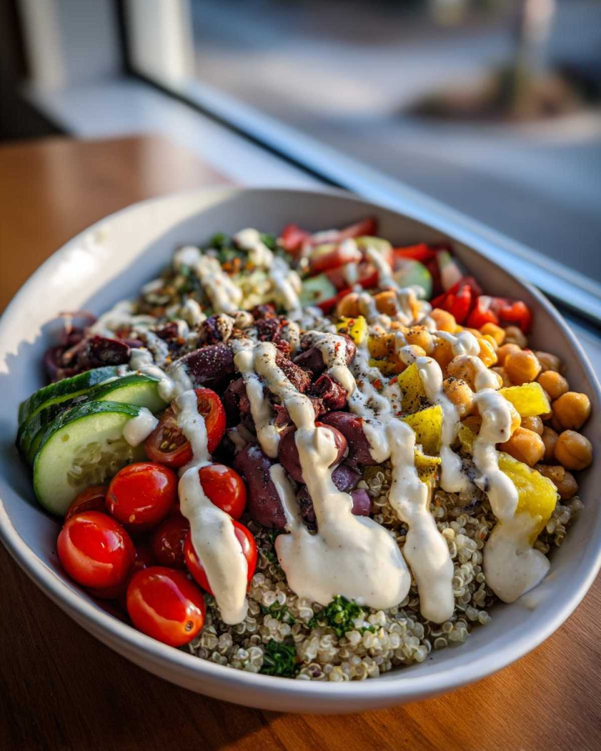 Close-up of a vibrant Mediterranean Quinoa Bowl with chickpeas, tomatoes, cucumbers, olives, and a generous drizzle of lemon tahini sauce.