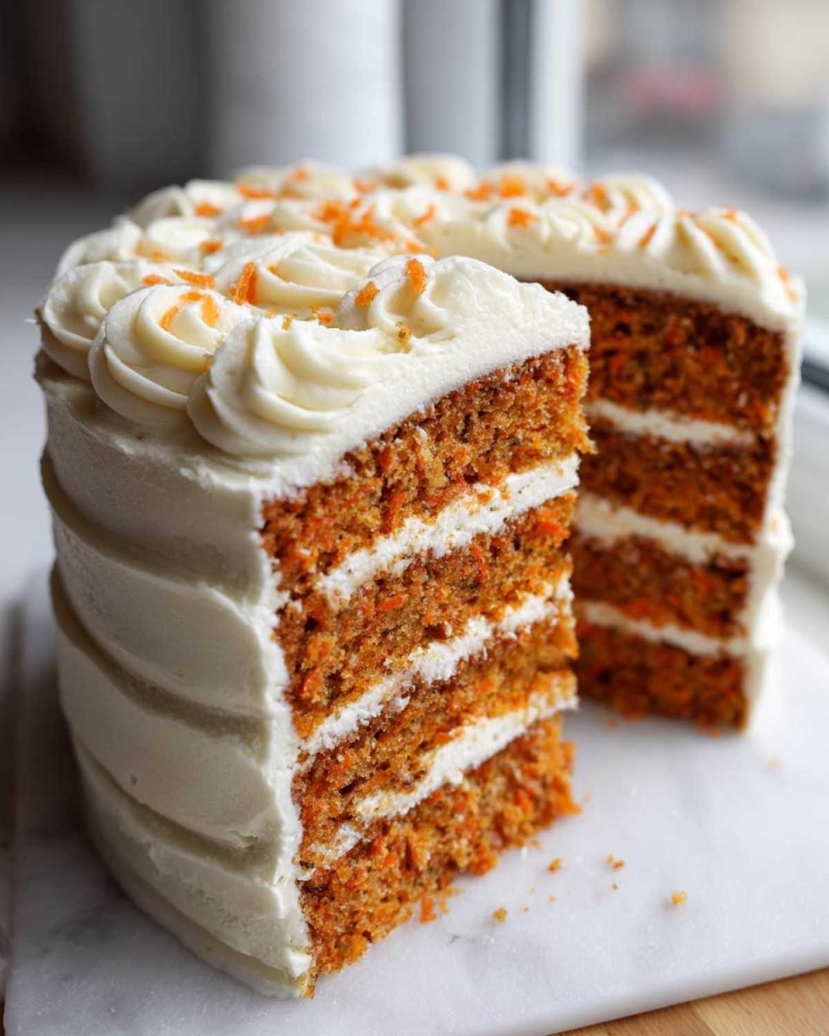 A tall, four-layer Moist Carrot Cake with Cream Cheese Frosting, showing a slice cut out.