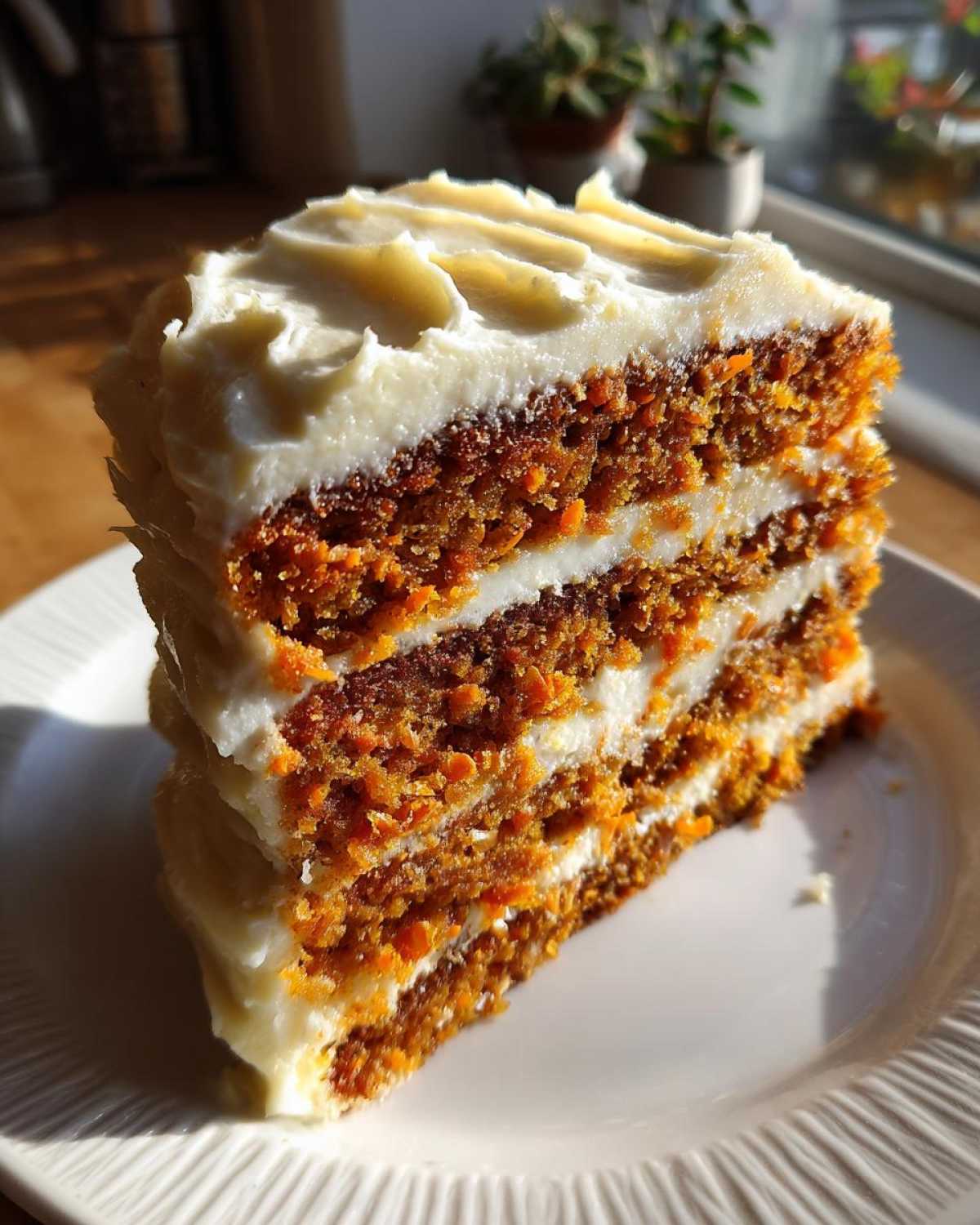 Close-up of a tall slice of Moist Carrot Cake with Cream Cheese Frosting, showing three layers of cake.
