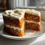 Close-up of a two-layer Moist Carrot Cake with Cream Cheese Frosting, showing visible shredded carrots in the layers.